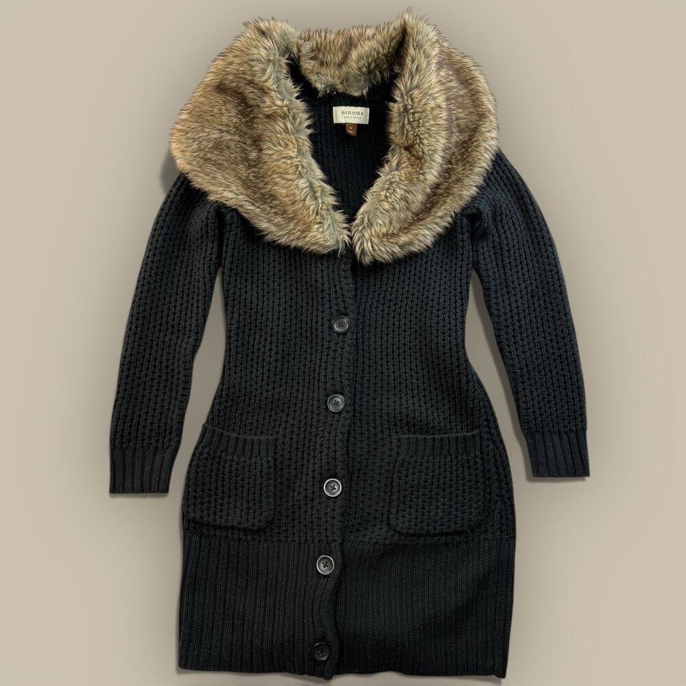 Vtg Y2K Black Chunky Knit Long Cardigan Faux Fur Collar Button Up Medium Sonoma